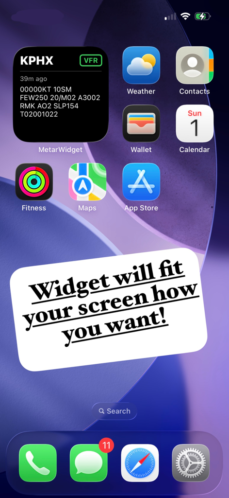 Modern METAR Widget - Modern METAR Widget displaying KPHX airport weather data on an iPhone home screen.