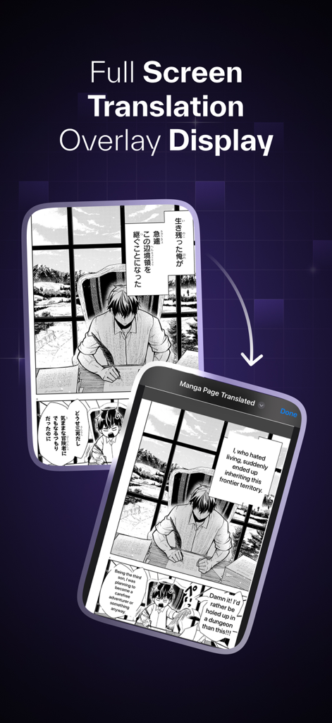 Manga Translator – Mangra - Full screen translation overlay in Mangra app showing a Japanese manga page translated into English