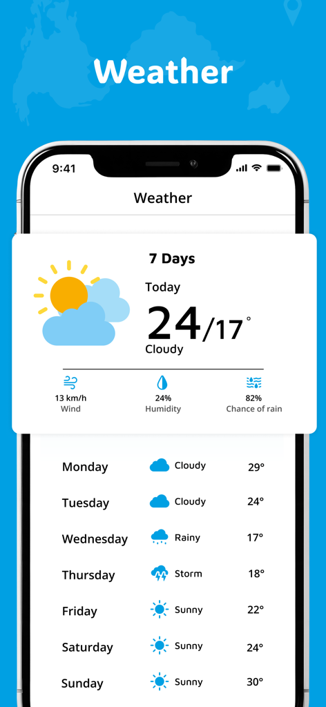 실시간 날씨 업데이트 및 7일 예보를 보여주는 모바일 앱 인터페이스