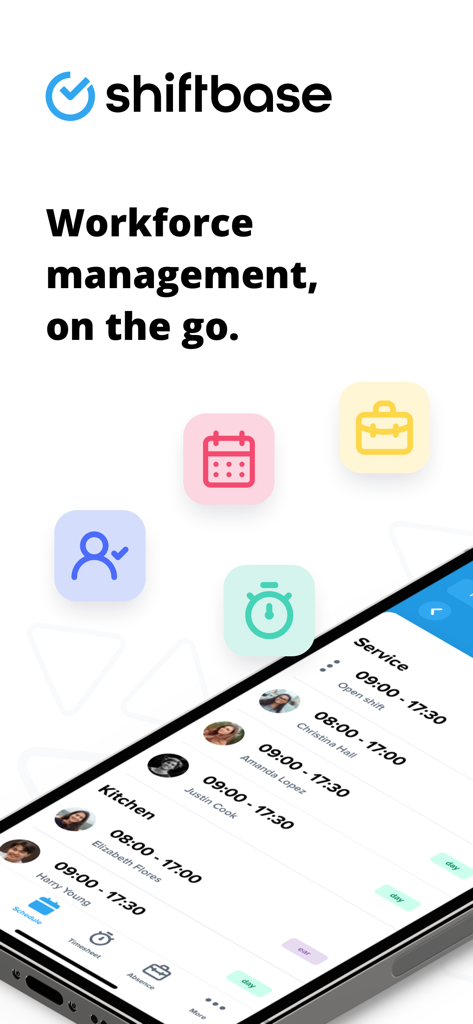 Interface da aplicação Shiftbase mostrando escalas de turnos de funcionários e ícones de gestão de força de trabalho num ecrã de smartphone.