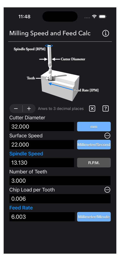 Milling Speed and Feed Calc - Milling Speed and Feed calculator app interface with machining parameters and a 3D diagram of a milling tool