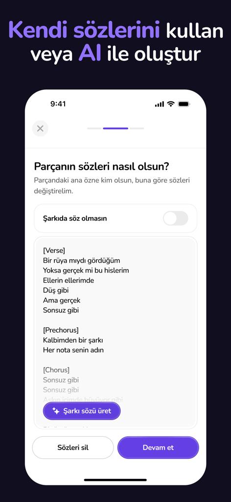 Songify: AI Music Maker - Interface of the Songify app displaying AI generated lyrics for a new song