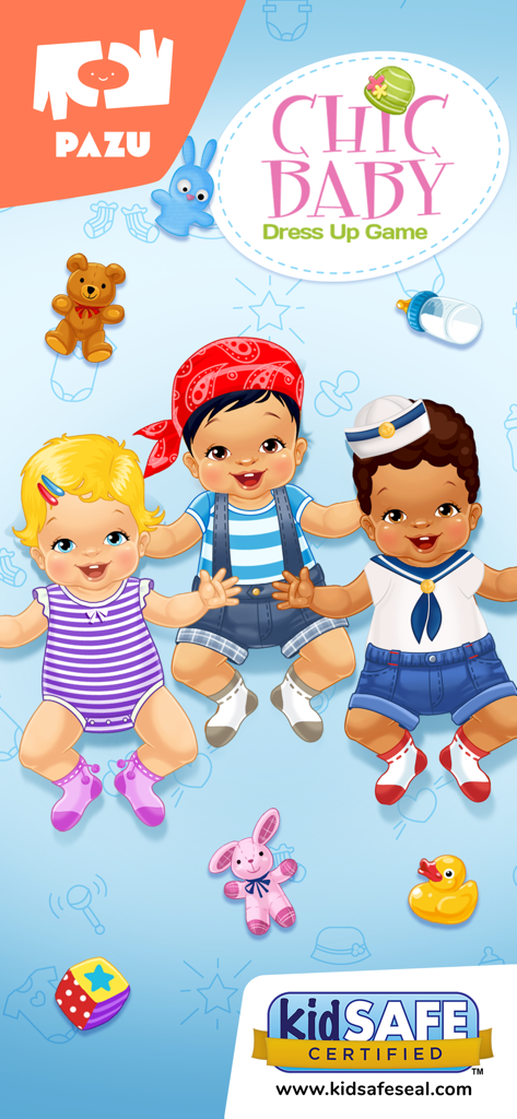 Three diverse baby characters wearing various outfits and accessories from the Chic Baby dress up game