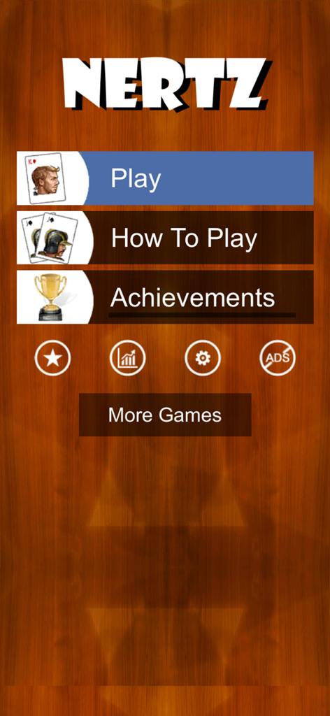Nertz JD mobile game main menu with play how to play and achievements options on a wooden background