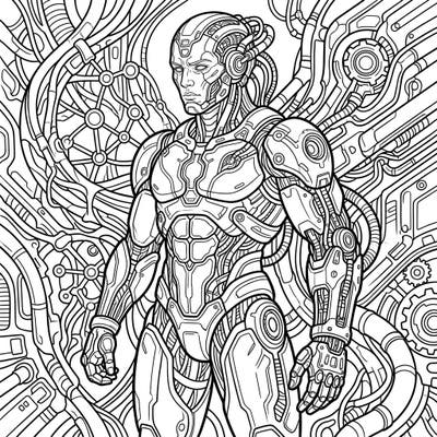Step into a world where flesh meets machine with this captivating bio-organic cyborg coloring page. Featuring intricate details and a dynamic background, it offers a challenging yet rewarding artistic experience for advanced colorists.