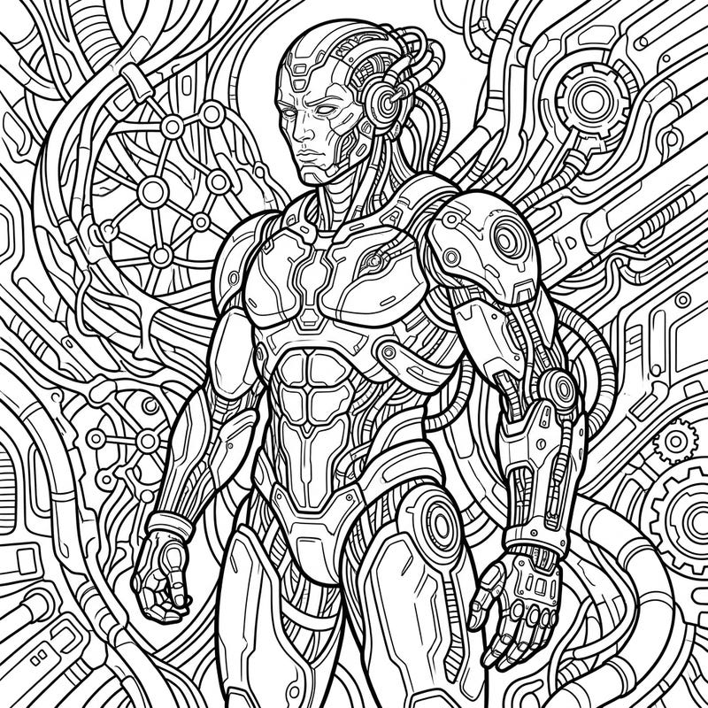 Step into a world where flesh meets machine with this captivating bio-organic cyborg coloring page. Featuring intricate details and a dynamic background, it offers a challenging yet rewarding artistic experience for advanced colorists.