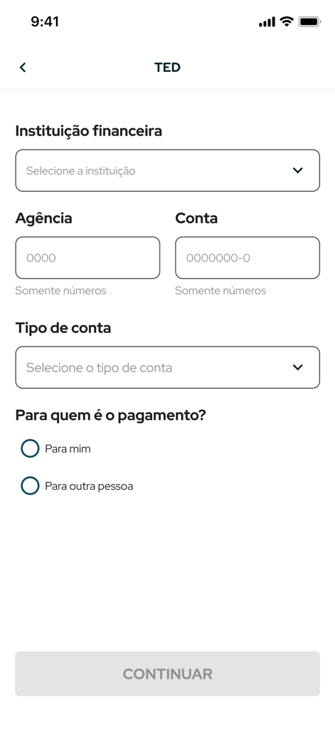 계좌 및 지점 정보를 포함한 TED 은행 이체 세부 정보를 입력하기 위한 빌렐라 페이 앱 화면