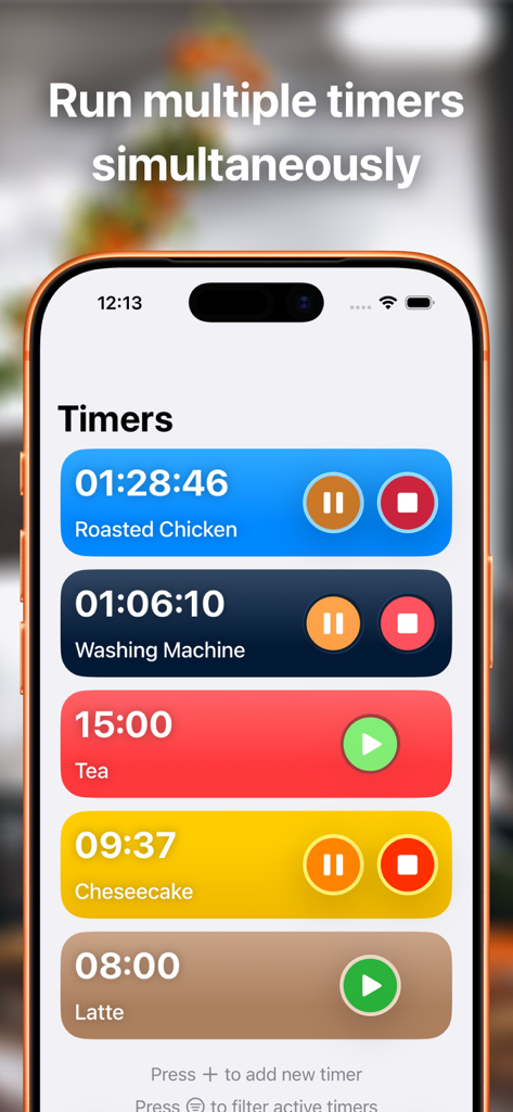 Multi Timer Pro app interface showing multiple active color coded timers on an iPhone screen