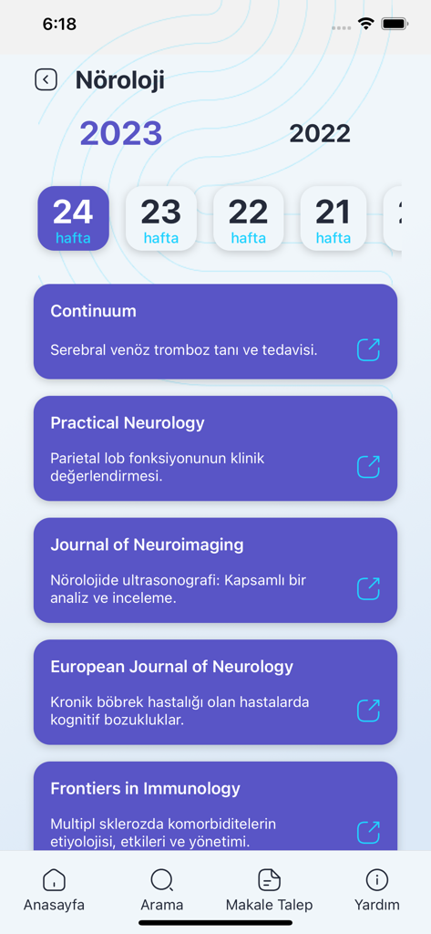 Medils - Medils mobile app neurology section showing a curated list of medical journal articles