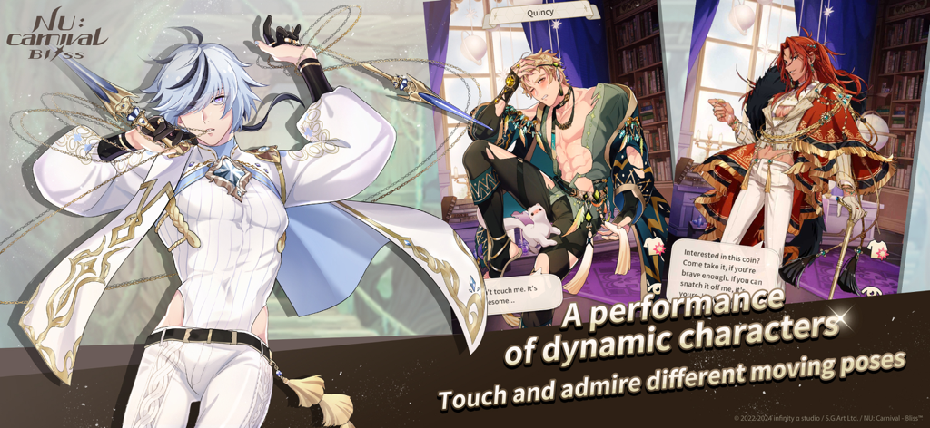 Tres personajes masculinos de anime de NU Carnival Bliss en poses dinámicas con texto interactivo.