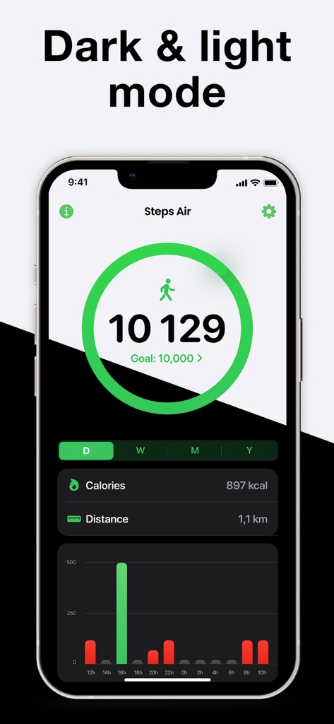 Steps Air app interface displaying daily step count and activity statistics in both dark and light modes