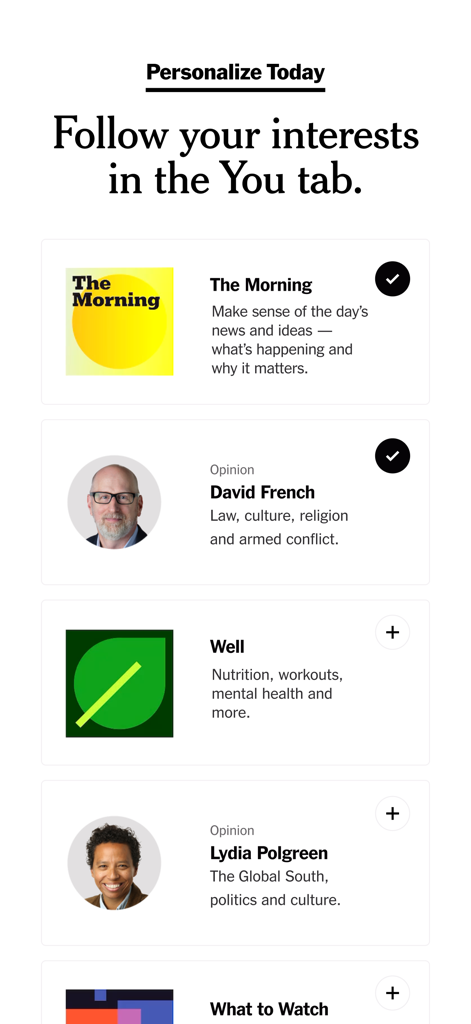 New York Times app screen showing personalization options to follow news topics and columnists