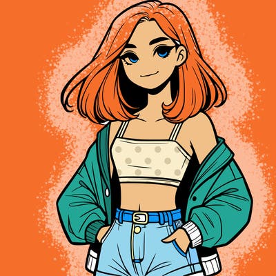a realistic girl with a crop top and short shorts in an open jacket