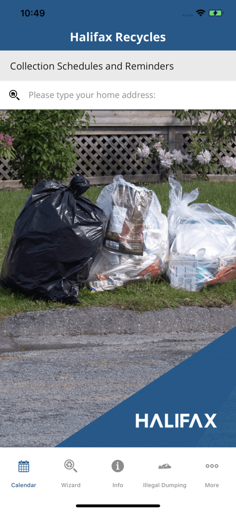 Halifax Recycles app home screen for waste collection schedules and reminders