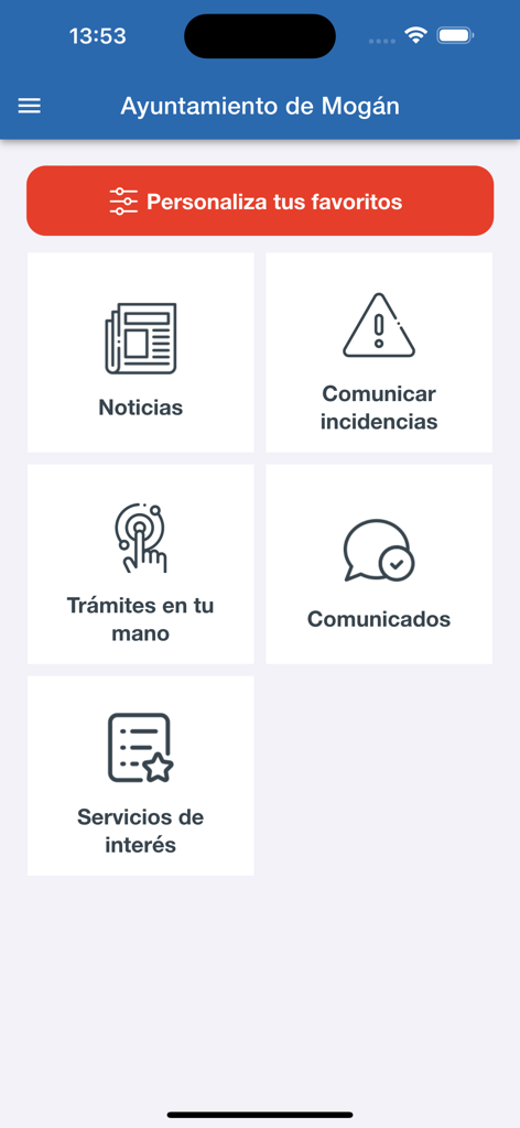 Mogán - Menu principal de l'application de la municipalité de Mogán, présentant les actualités, le signalement d'incidents et les services locaux