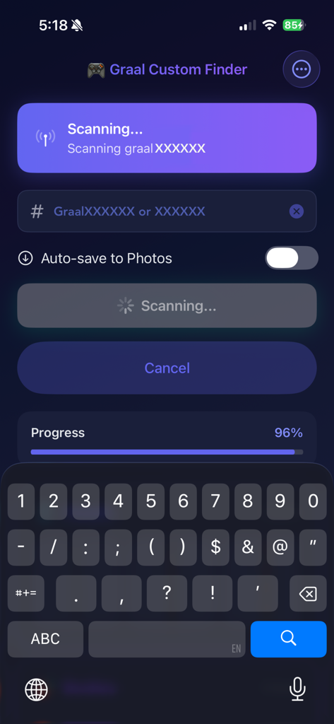Graal Custom iFile - Graal Custom iFile app interface showing a player ID search and progress bar for scanning custom graphics