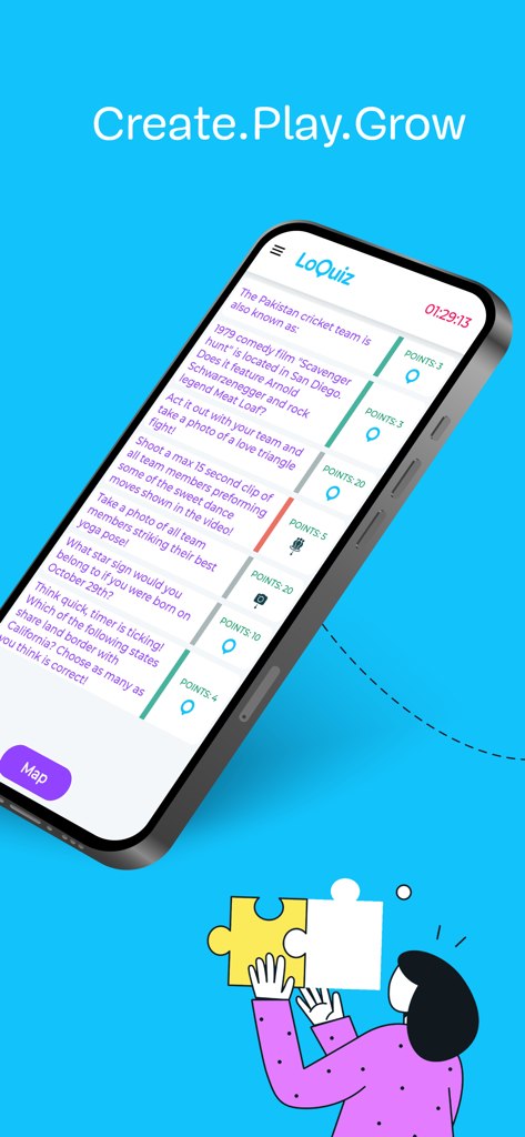 Loquiz app interface showing a list of interactive scavenger hunt tasks and point values
