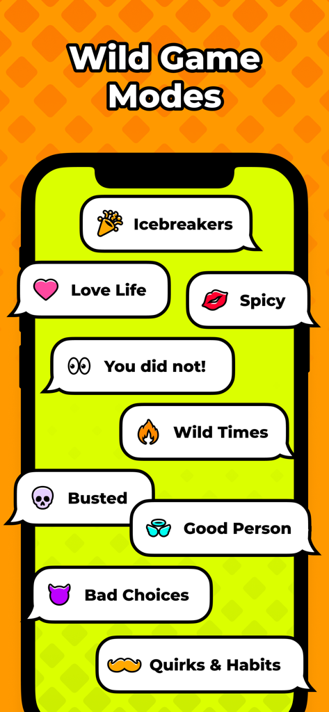 Gossip. - Schermata di uno smartphone che mostra nove modalità di gioco selvagge per l'app di società Gossip, tra cui Rompighiaccio, Piccante e Tempi Selvaggi.