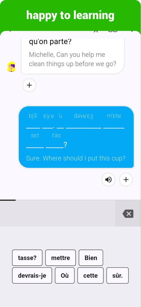 French  - Listening Speaking - A French language learning app interface showing a word arrangement exercise within a conversation context.