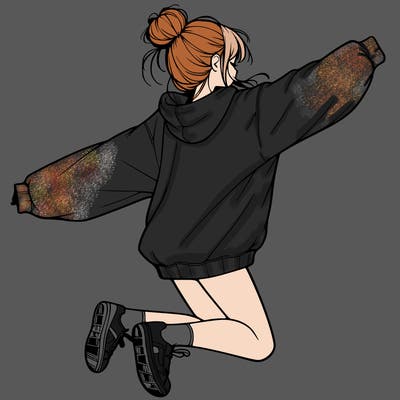realistic girl jumping with a bun and oversized sweatshirt