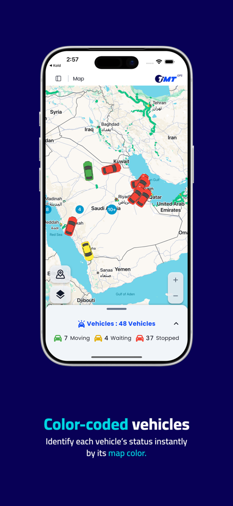 TMTGPS App-Oberfläche, die eine Karte mit farbcodierten Fahrzeugsymbolen anzeigt, die den Echtzeitstatus angeben