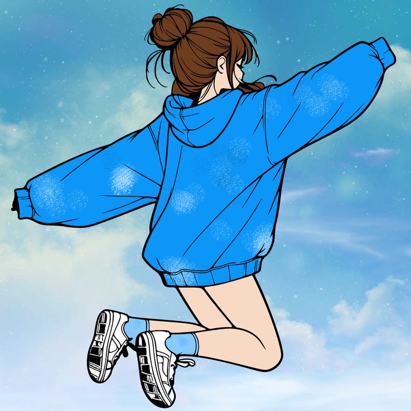 realistic girl jumping with a bun and oversized sweatshirt