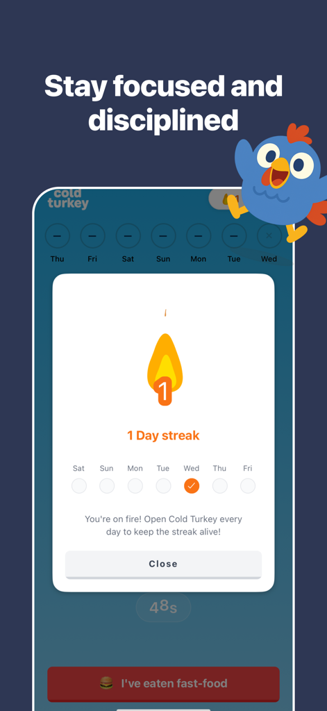 Cold Turkey app screen showing a one day habit streak and progress tracker