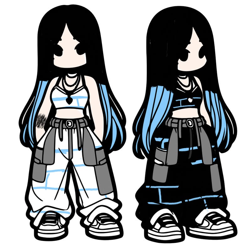 girl in baggy pants crop top and long hair