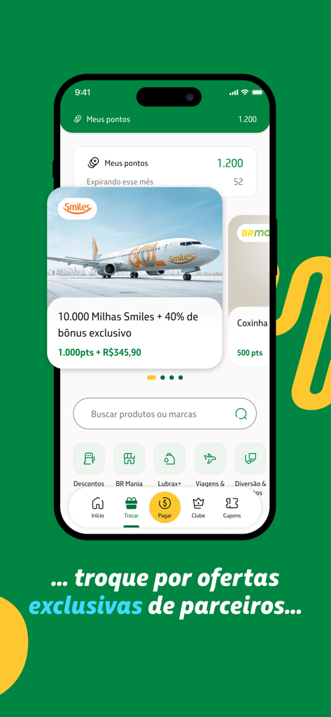 Tela do app móvel Petrobras Premmia exibindo pontos de recompensas e opções para trocá-los por milhas aéreas