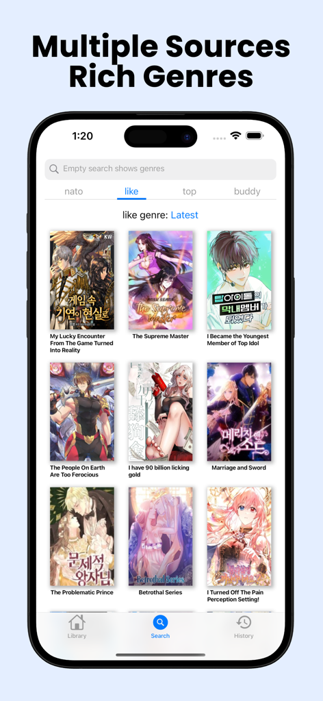 MangaBoya - Webtoons & Comics - The MangaBoya app search interface showcasing a wide selection of manga and webtoon titles in a grid layout.
