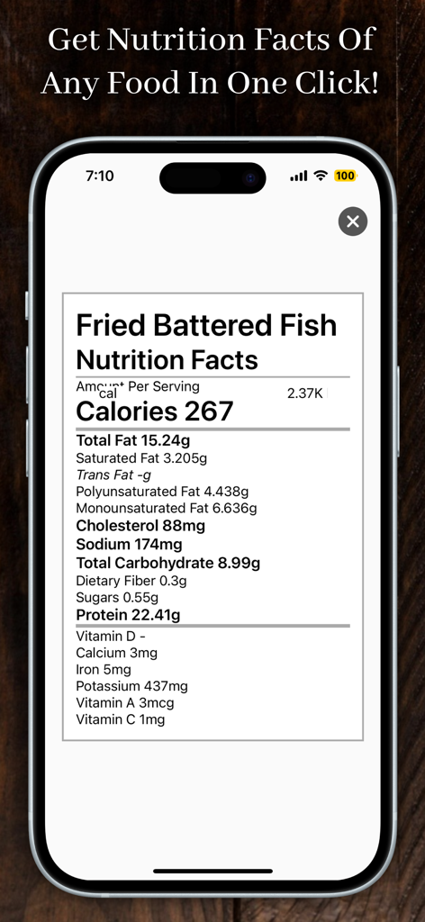 AI Calories Counter - By Photo - Detailed nutrition facts for fried battered fish displayed on the AI Calories Counter app screen.