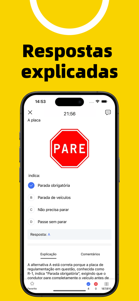 Simulado Detran CNH Prova 2026 - Uma tela de aplicativo móvel mostrando uma pergunta sobre a placa de pare brasileira com uma explicação detalhada da resposta correta.