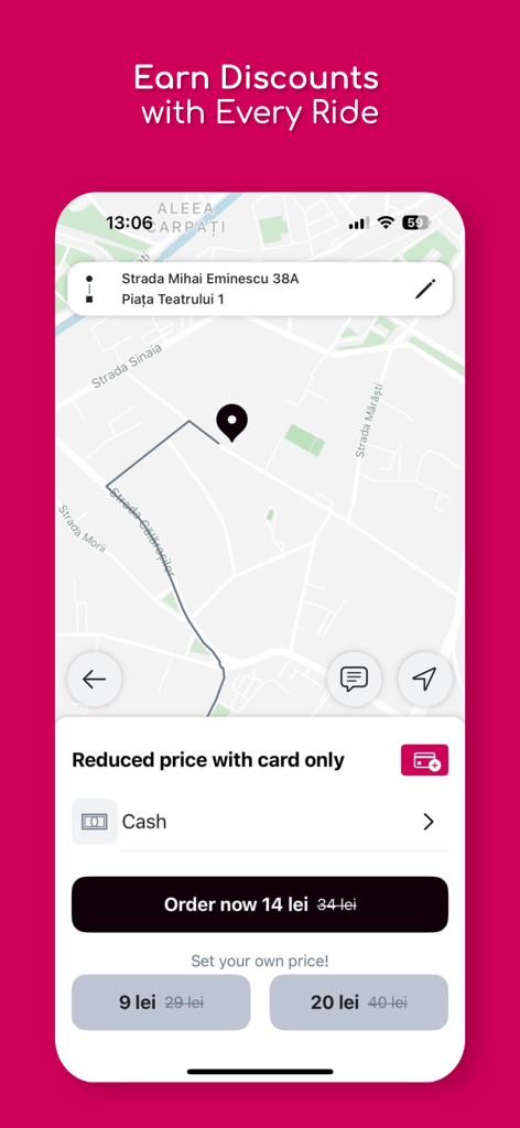 Hip.car  (ex iTaxi) - Interface do aplicativo móvel Hip.car mostrando uma rota de carona em um mapa e diferentes opções de seleção de preço para o usuário