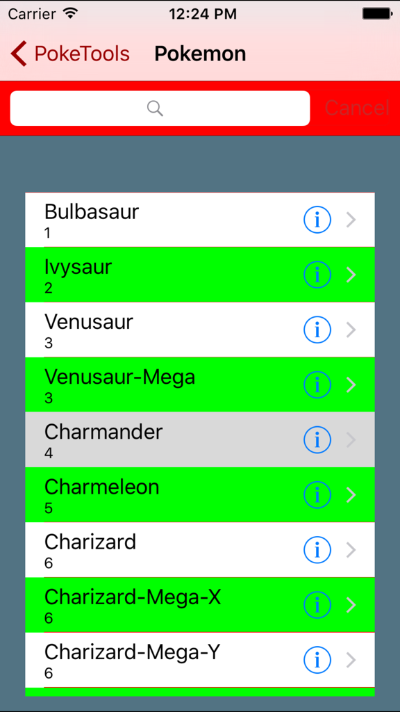 PokéTools for Pokemon - PokéTools 앱 인터페이스의 포켓몬 종 및 메가진화 목록