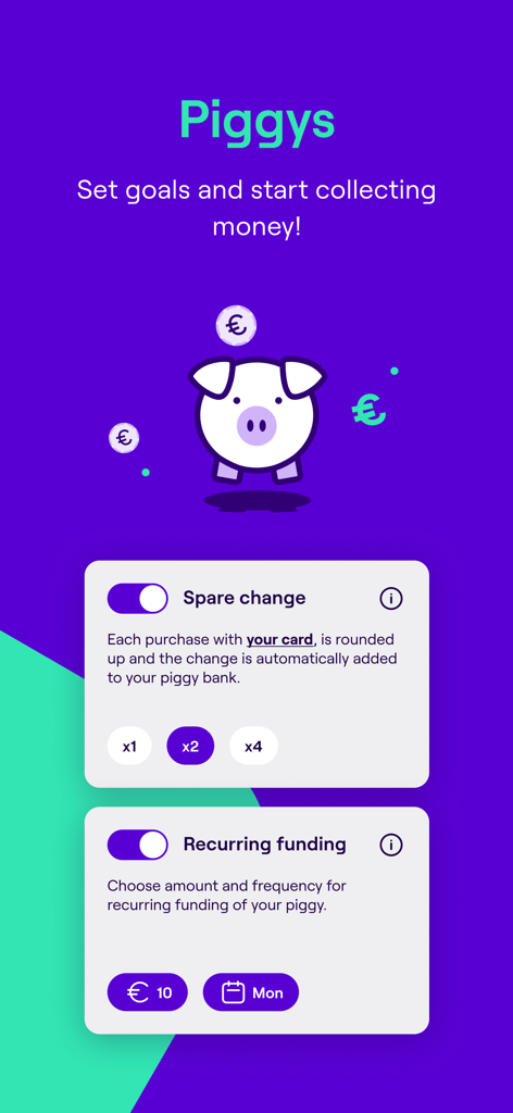 payzy - Pantalla de la app móvil Payzy que muestra la función de ahorro digital Piggys con cambio suelto y opciones de financiación recurrente