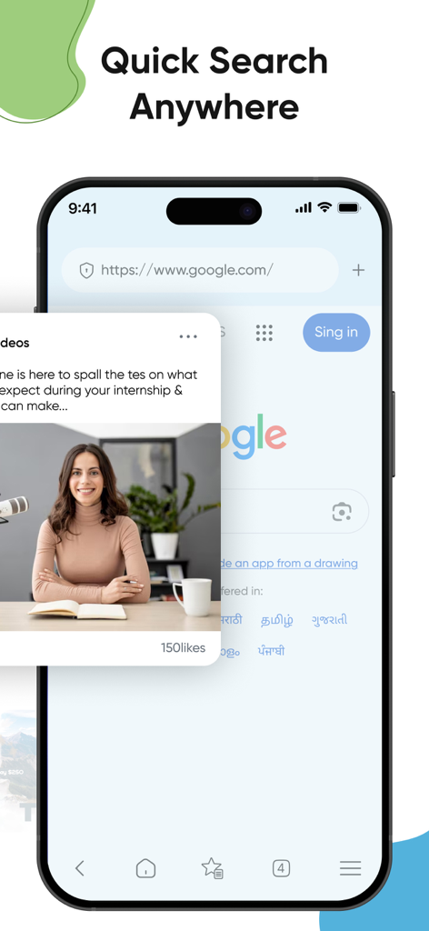 Internet Browser : Private Web - SwiftBrowse private browser interface showing the quick search anywhere feature on an iPhone