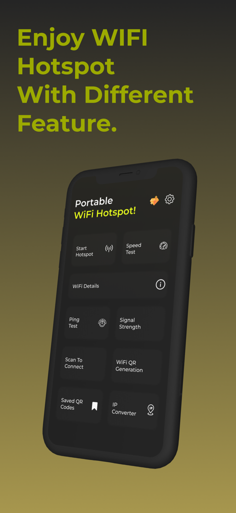 Portable WiFi - Hotspot - Panel principal de la aplicación WiFi Portátil Hotspot con herramientas de gestión de red como prueba de velocidad y generación de códigos QR