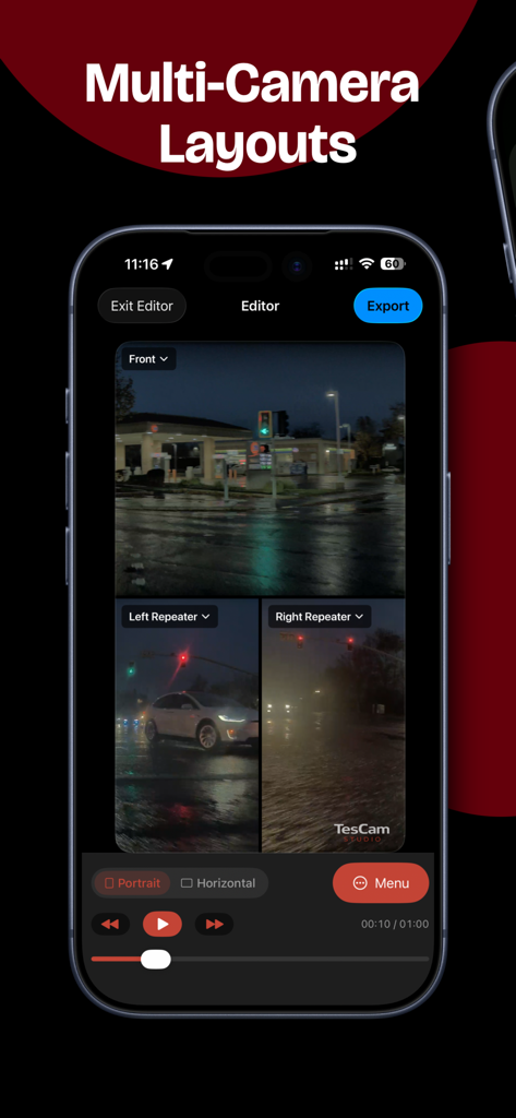 TesCam Studio - A mobile app interface showing a multi-camera video editor layout with synchronized Tesla dashcam feeds