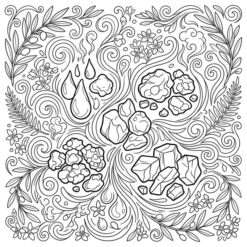Immerse yourself in the captivating world of aromatic resins with this beautiful coloring template. Featuring frankincense, myrrh, and benzoin amidst swirling patterns and botanical elements, it promises a truly enchanting coloring experience.