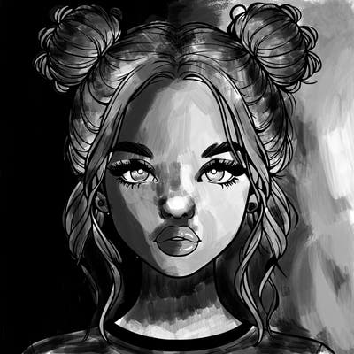 realistic girl with two buns in hair and lips