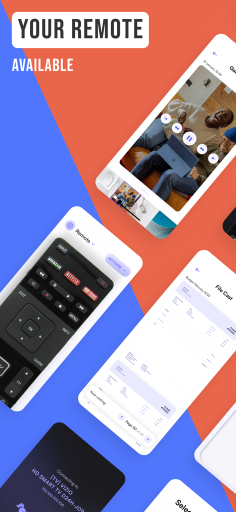 Interface screens of the Viz remote control app showing a virtual TV remote and media casting features for Vizio Smart TVs