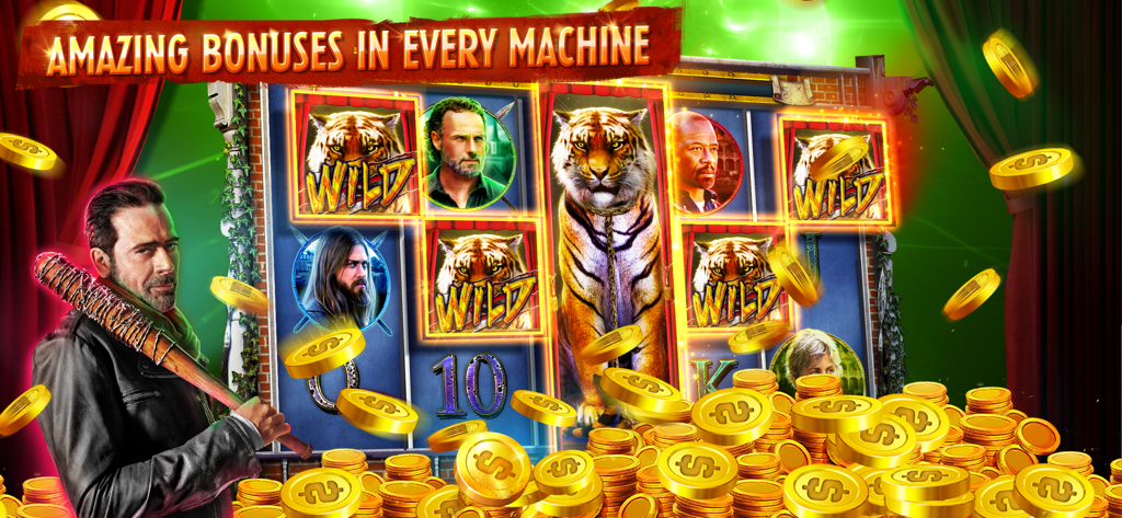 The Walking Dead Casino Slots - The Walking Dead Casino Slots machine featuring Negan Rick Grimes and Shiva the tiger with gold coins