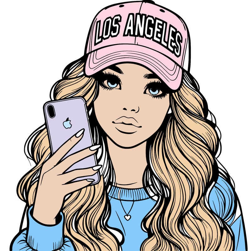 realistic beautiful girl wearing los ángeles cap holding an iphone
