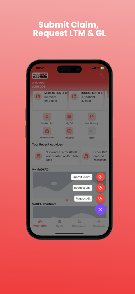Medkad app interface showing options to submit a claim and request medical letters