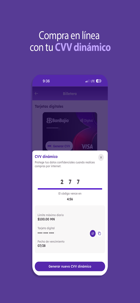Bajionet Movil - Bajionet Movil app interface showing the dynamic CVV generation feature for secure online shopping.
