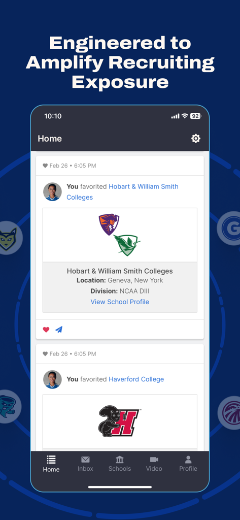 Home screen of the SportsRecruits Pro app showing a feed of favorited colleges