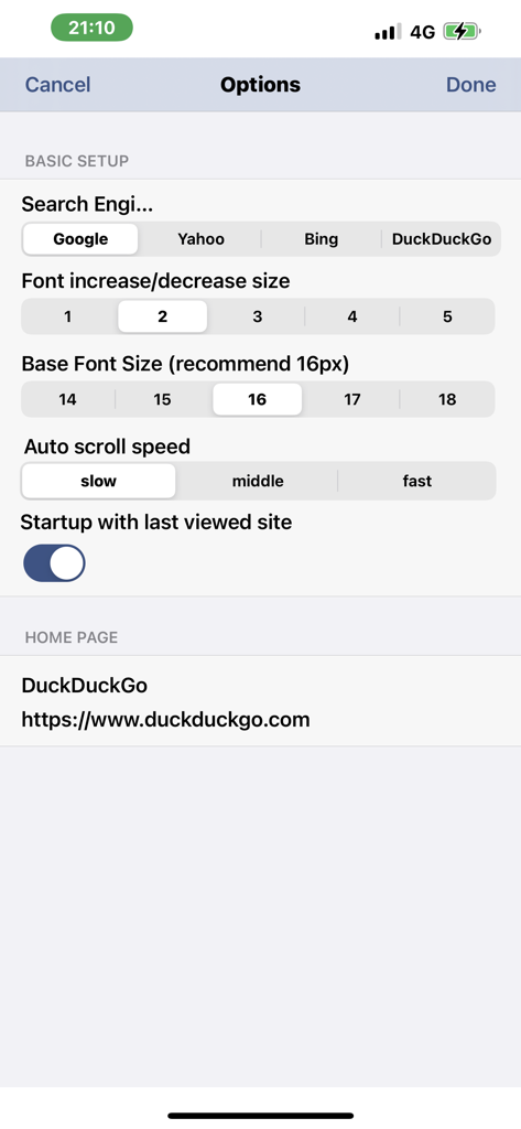 Zoomer Web Browser - Menú de opciones en el Navegador Web Zoomer para ajustar el tamaño de fuente y la velocidad de desplazamiento automático.