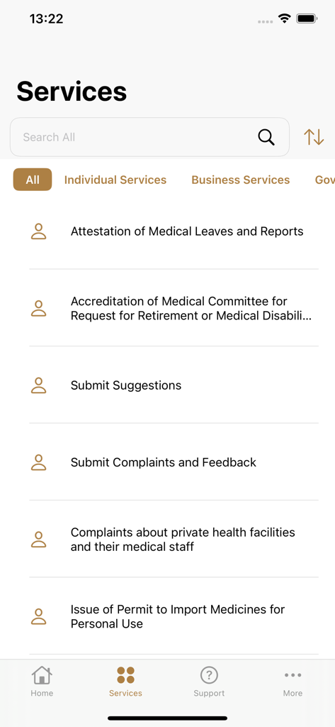 MOHAP - The Services screen of the MOHAP app showing a list of health services including medical leave attestation and complaints