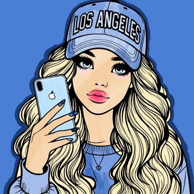 realistic beautiful girl wearing los ángeles cap holding an iphone