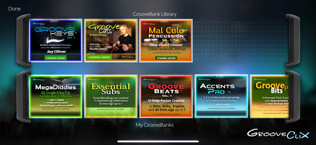 GrooveClixアプリ内のGrooveBankライブラリを表示するインターフェイス。さまざまな音楽グルーヴパックがあります
